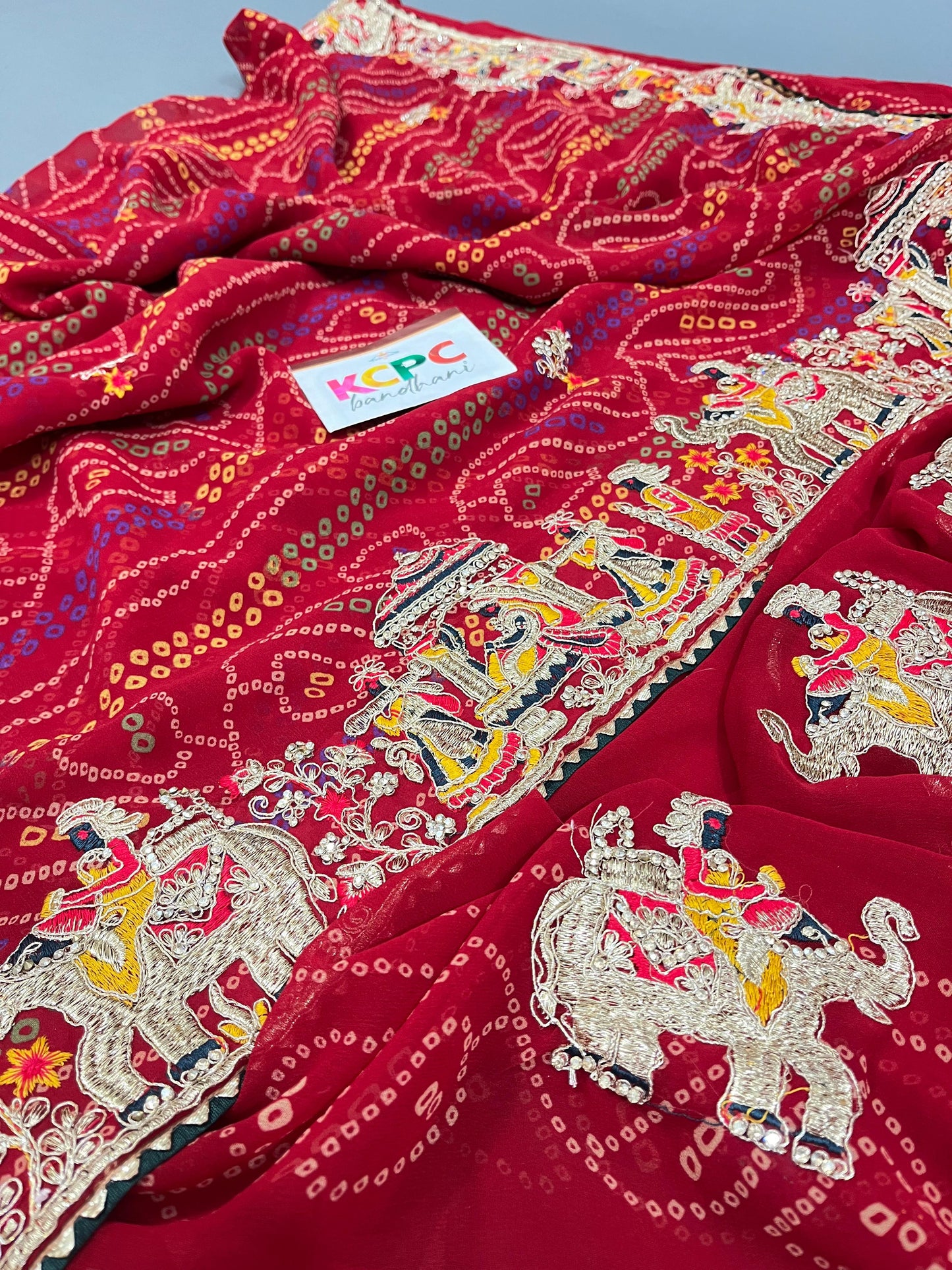 Jaipuri Rajasthani traditional chunari pila pure Georgette saree kcpc