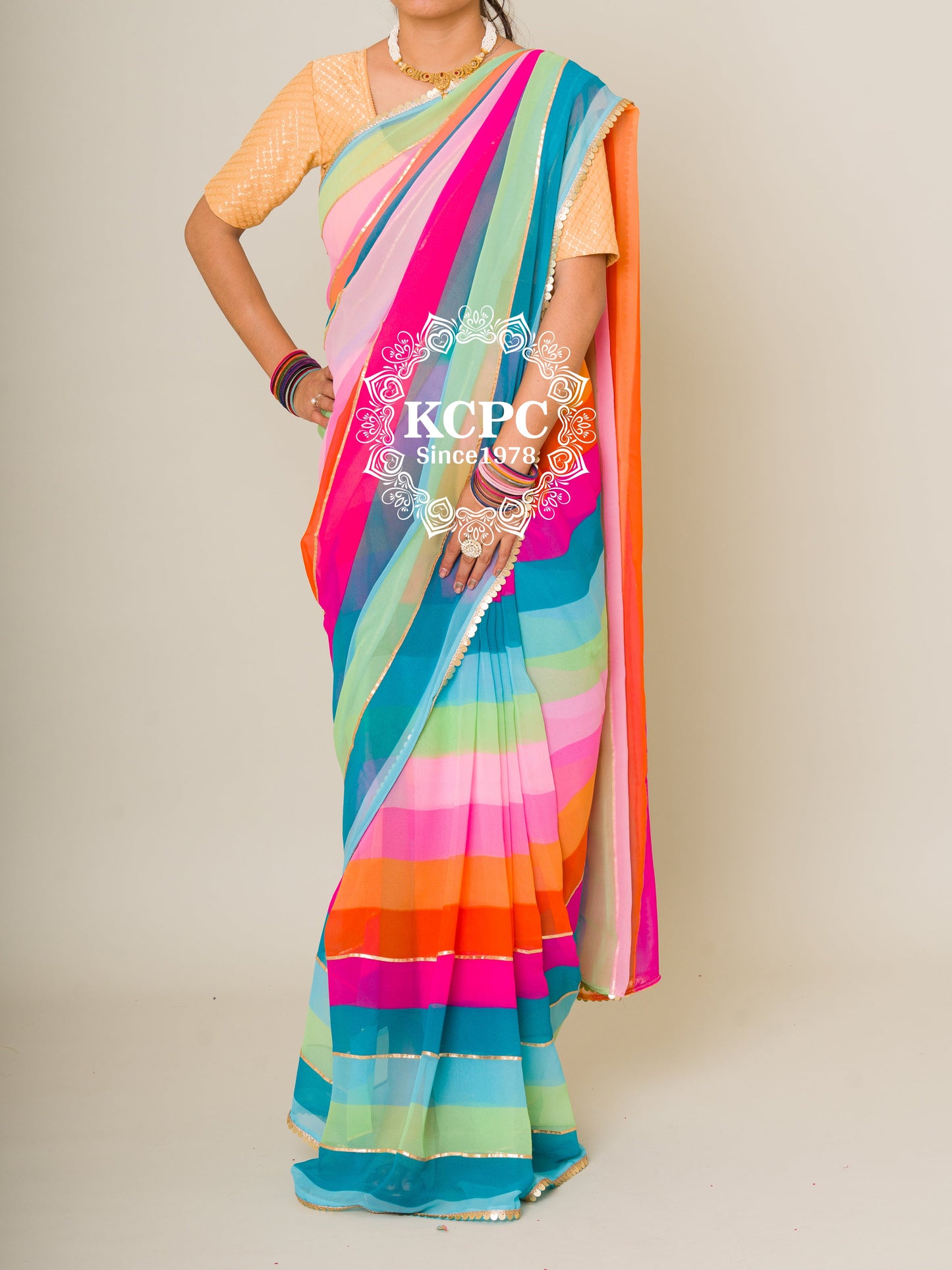 New Leheriya Georgette Gotapatti Saree With Lace Border , NR, ash..