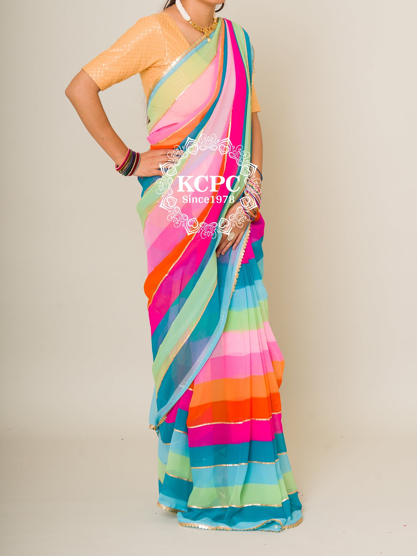 New Leheriya Georgette Gotapatti Saree With Lace Border , NR, ash..