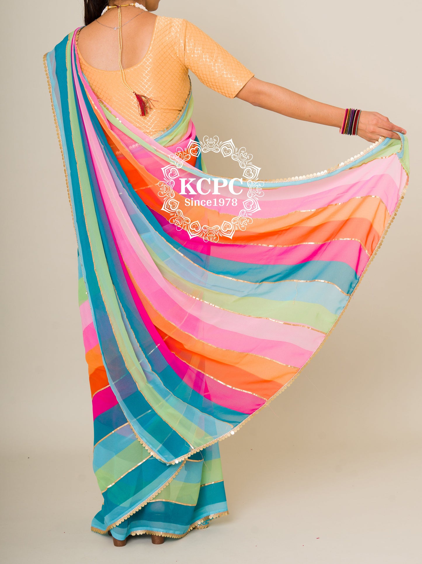 New Leheriya Georgette Gotapatti Saree With Lace Border , NR, ash..