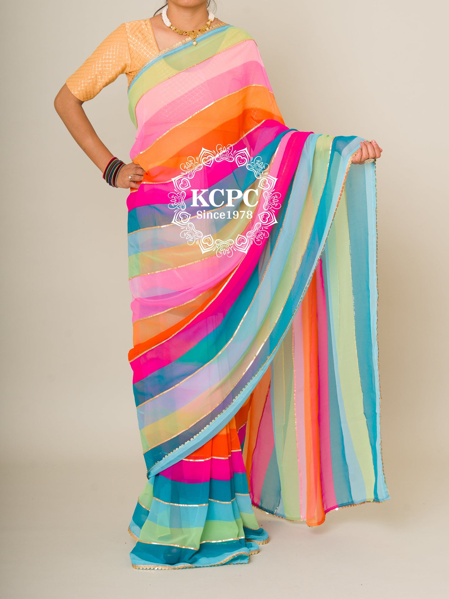 New Leheriya Georgette Gotapatti Saree With Lace Border , NR, ash..