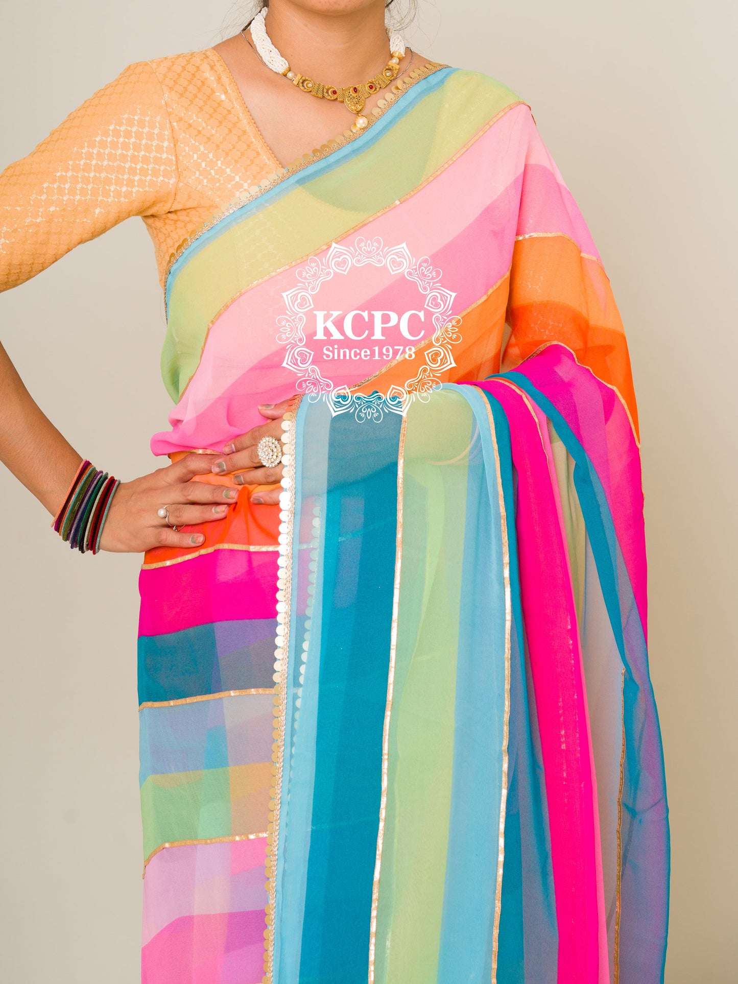 New Leheriya Georgette Gotapatti Saree With Lace Border , NR, ash..