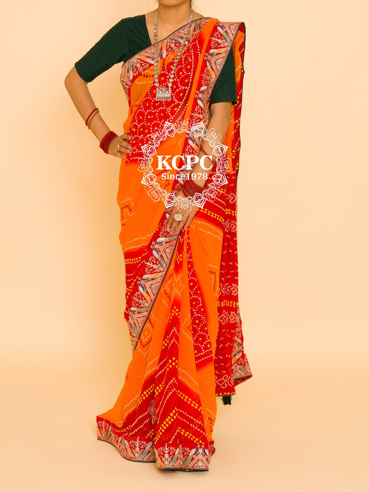 Pure Soft Georgette Rajsthani pila Chunri Bandhej Gotaptti Work Saree, JP, OR
