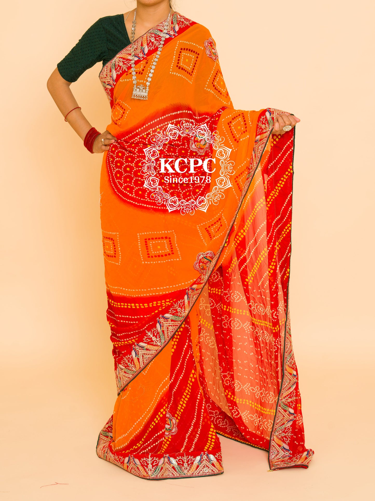 Pure Soft Georgette Rajsthani pila Chunri Bandhej Gotaptti Work Saree, JP, OR
