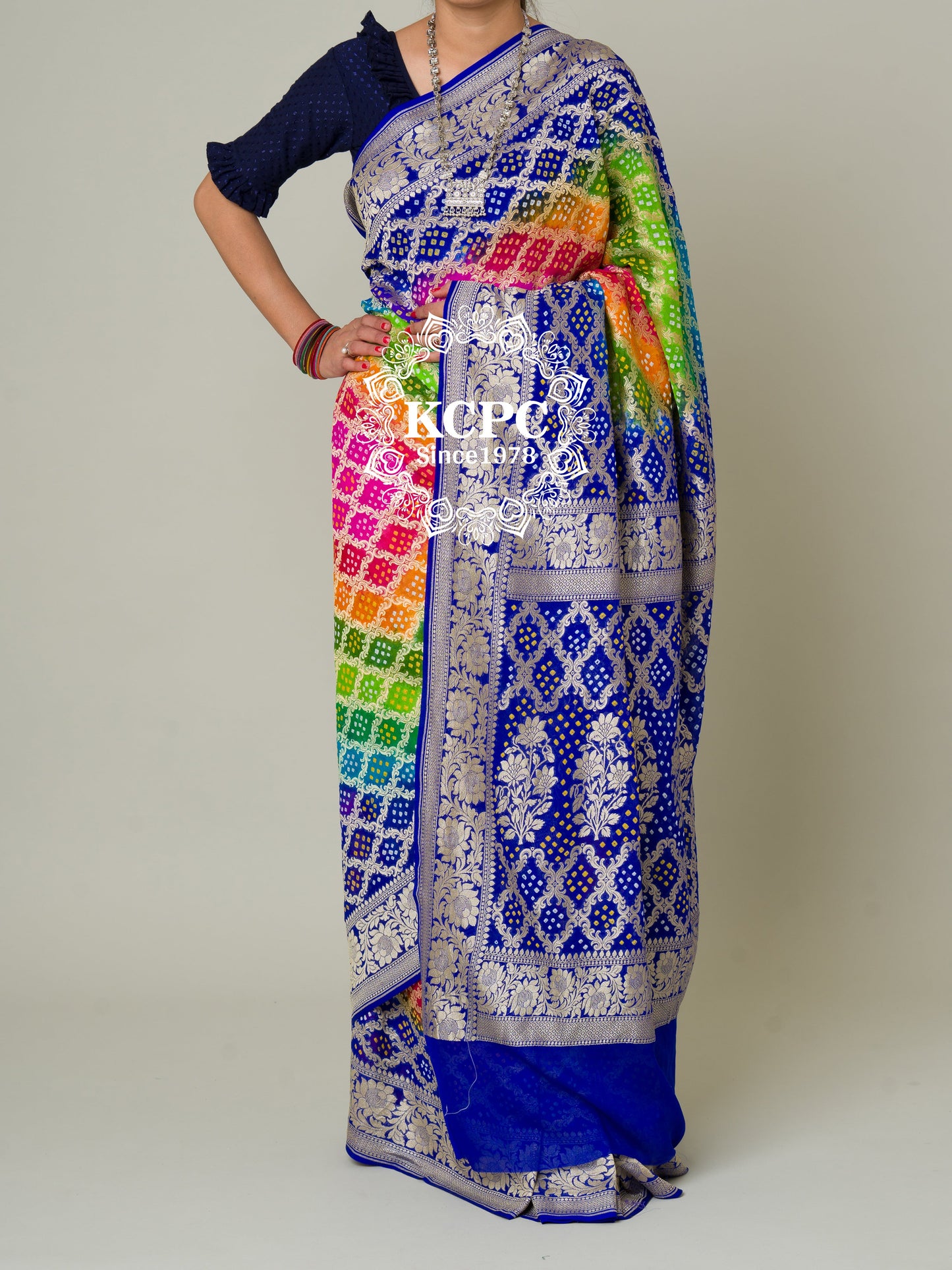 Pure Khaddi Georgette Upada Janglaw Bandhani Neemzari Multi Colour Saree, KCPC, NR