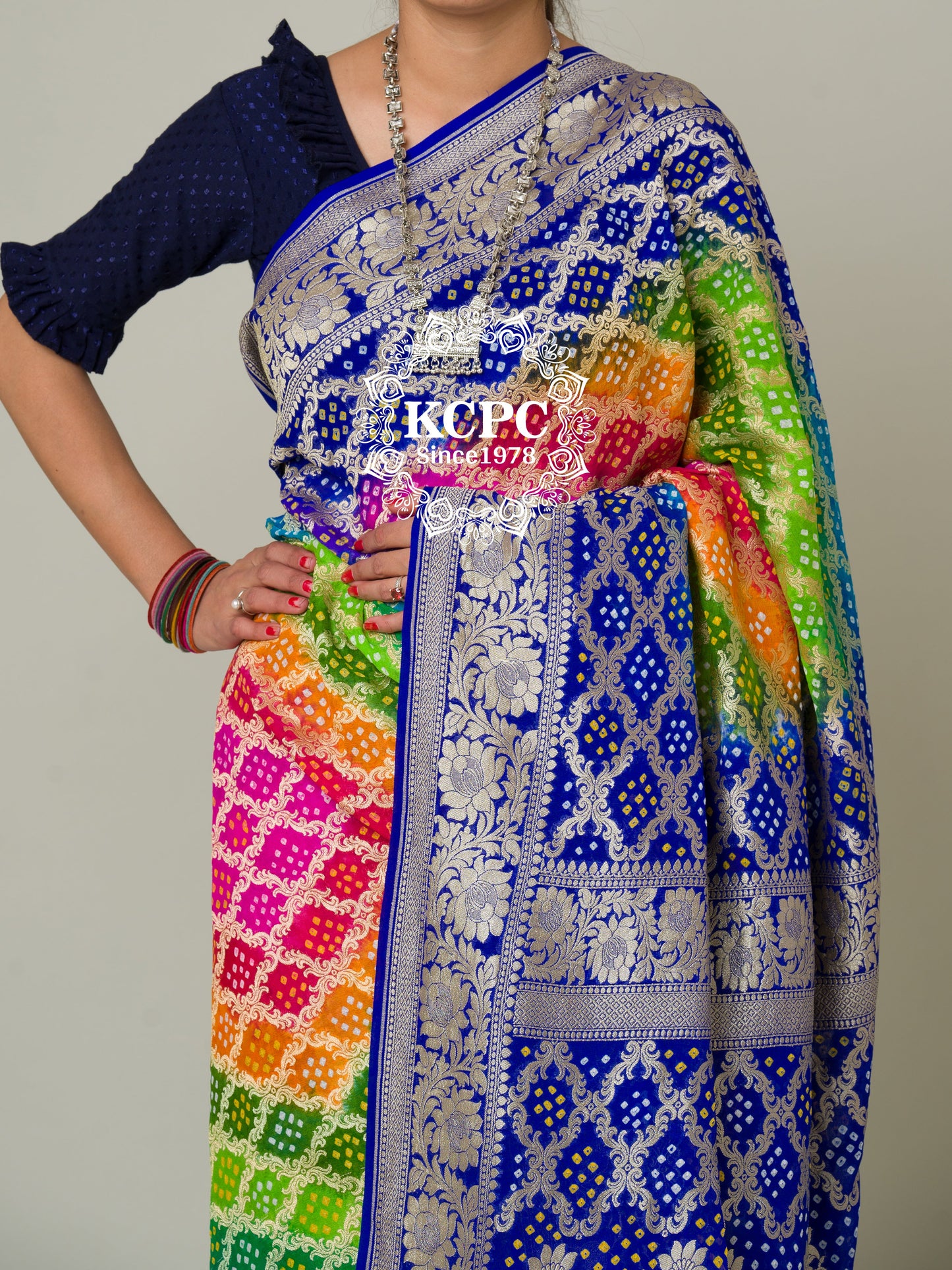Pure Khaddi Georgette Upada Janglaw Bandhani Neemzari Multi Colour Saree, KCPC, NR