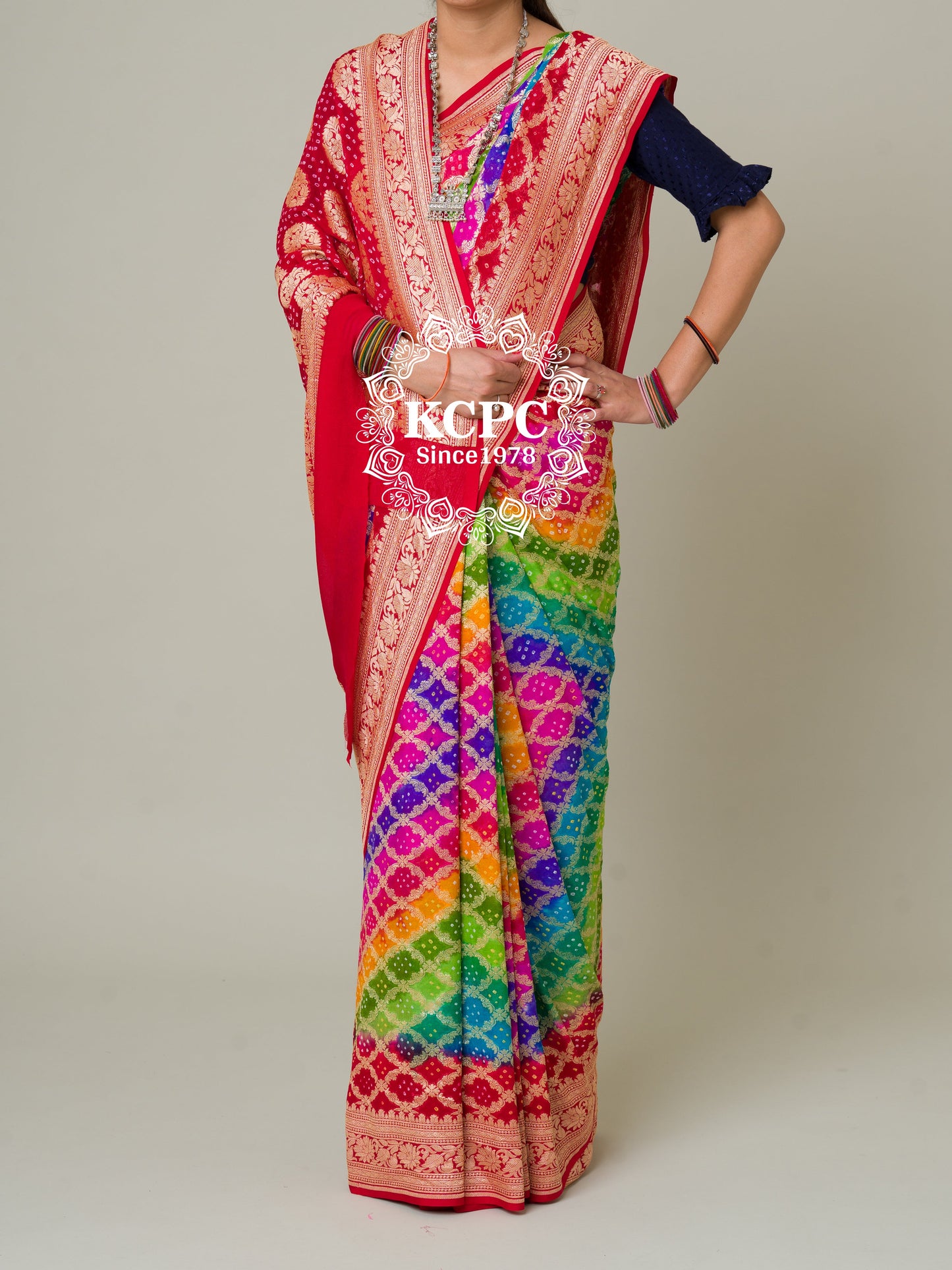 Pure Khaddi Georgette Upada Janglaw Bandhani Neemzari Multi Colour Saree, KCPC, NR