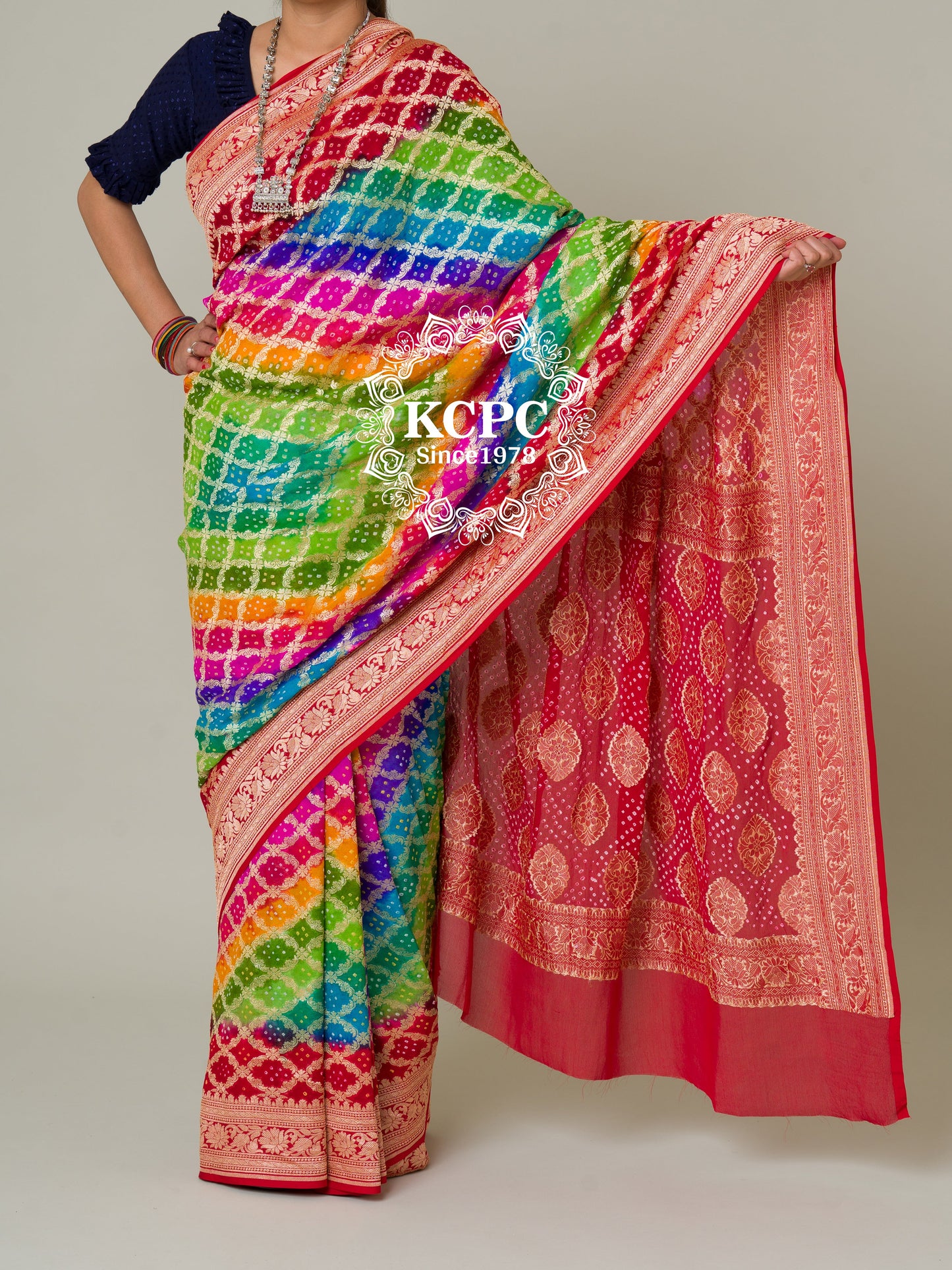 Pure Khaddi Georgette Upada Janglaw Bandhani Neemzari Multi Colour Saree, KCPC, NR