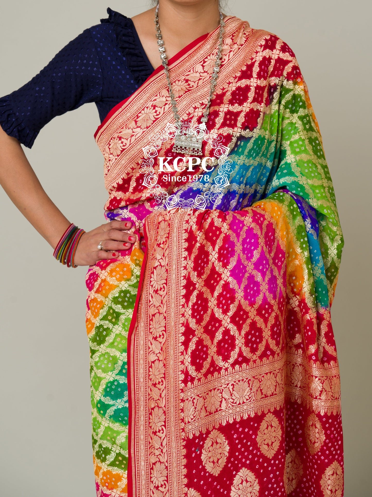 Pure Khaddi Georgette Upada Janglaw Bandhani Neemzari Multi Colour Saree, KCPC, NR