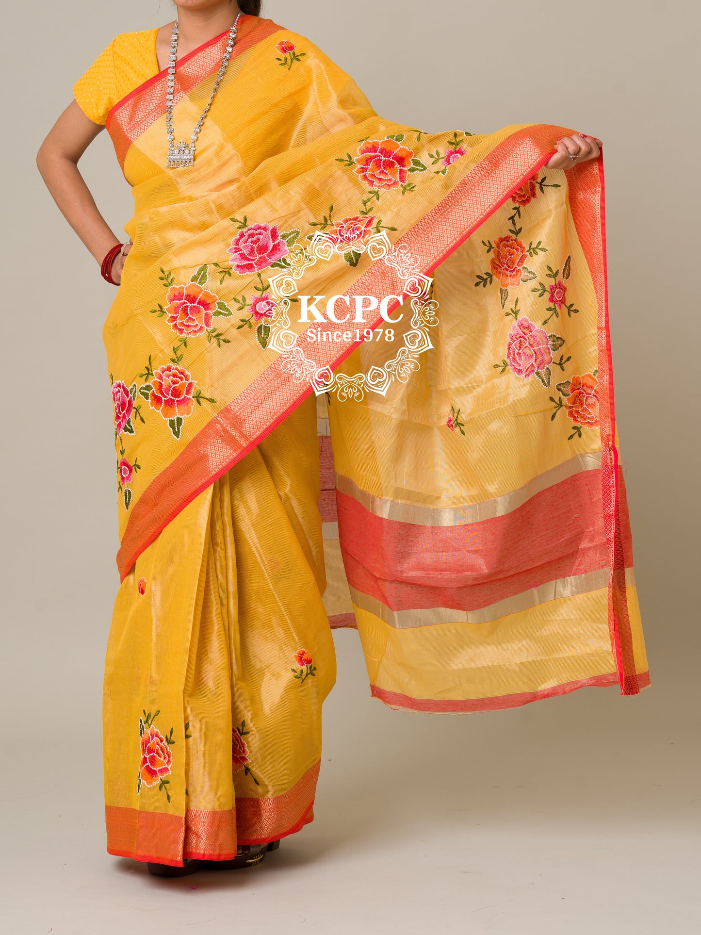 Pure Tusser Cotton Silk Kashida Embroidery work With blouse Saree