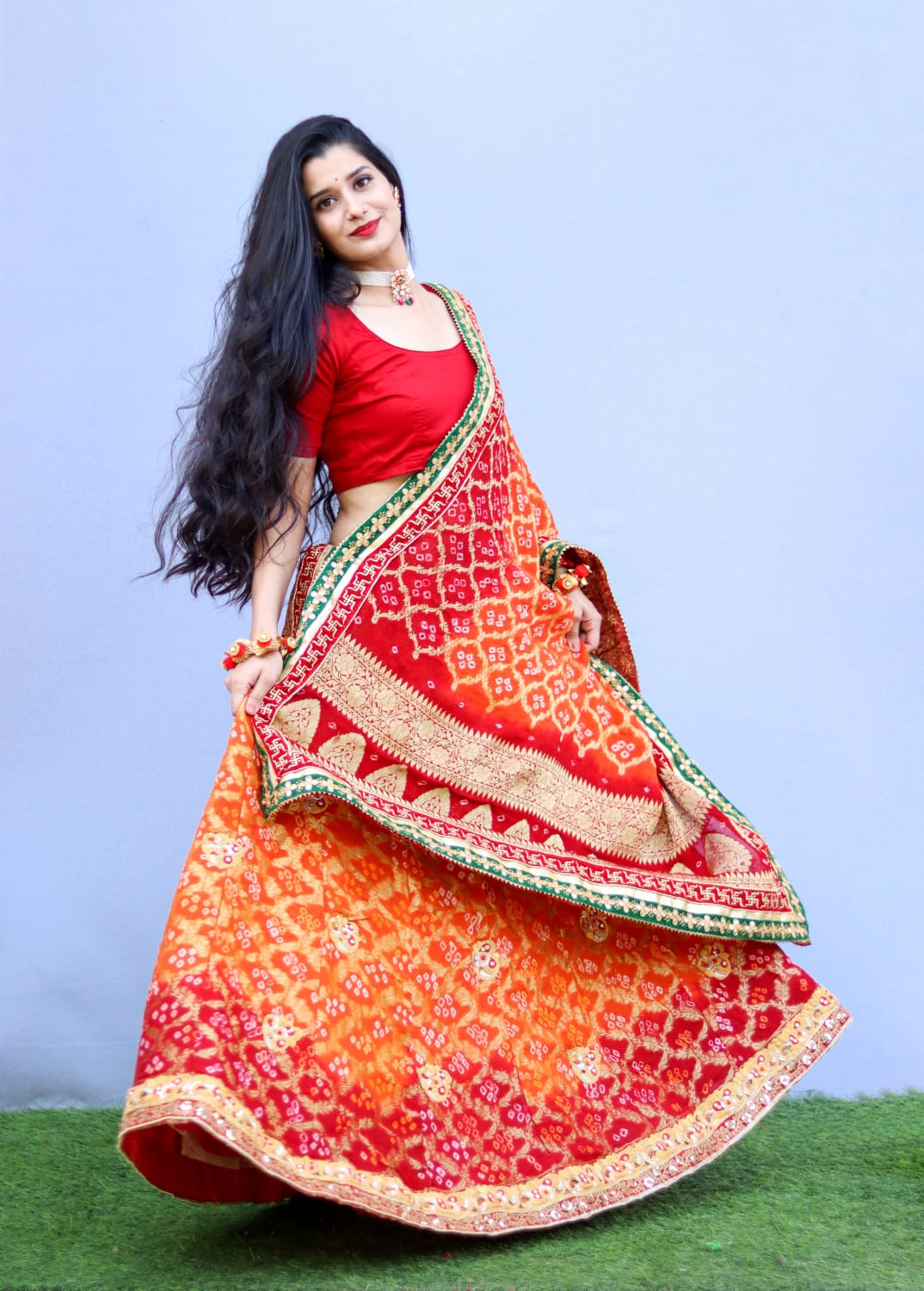 Designer Banarasi Bandhej Pure Neemzari Lehenga with Zardozi Belbuti Work