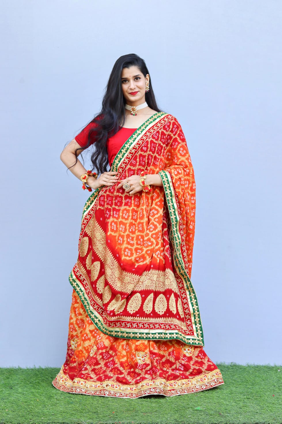 Designer Banarasi Bandhej Pure Neemzari Lehenga with Zardozi Belbuti Work