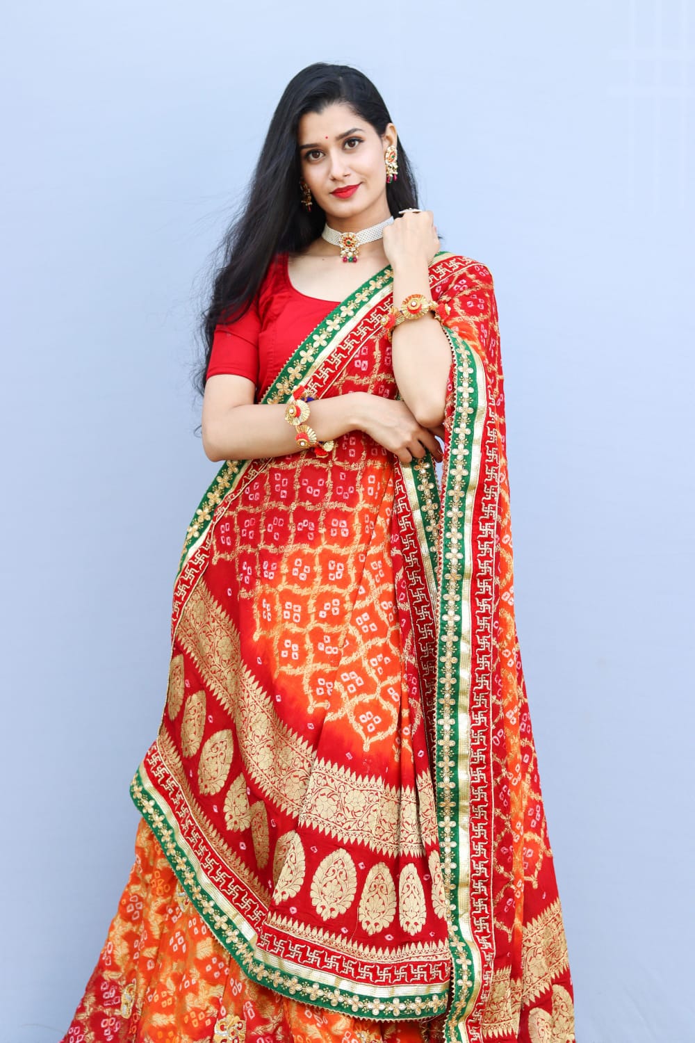 Designer Banarasi Bandhej Pure Neemzari Lehenga with Zardozi Belbuti Work