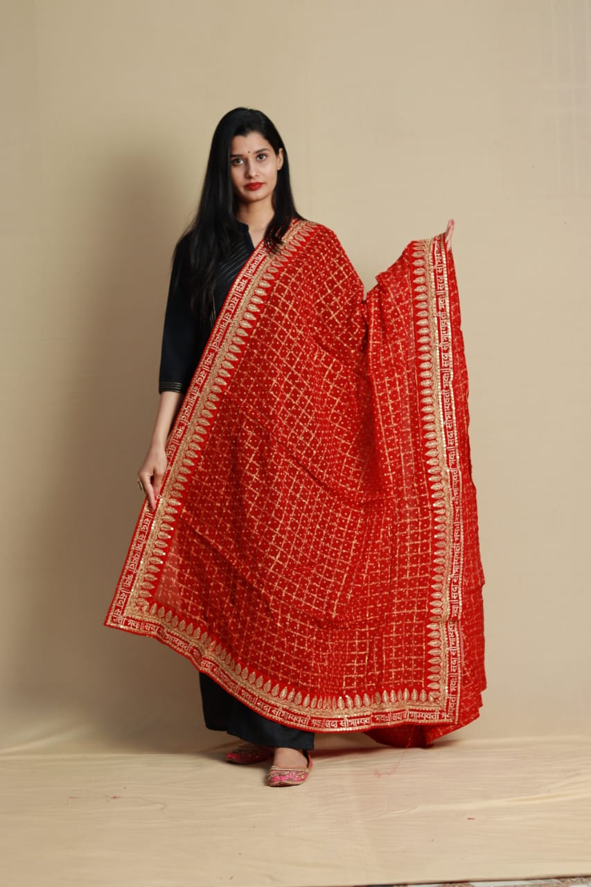 Heavy Red Gharchola Dupatta with Sada saubhagyavati bhav Gotapatti Border, OR, KC