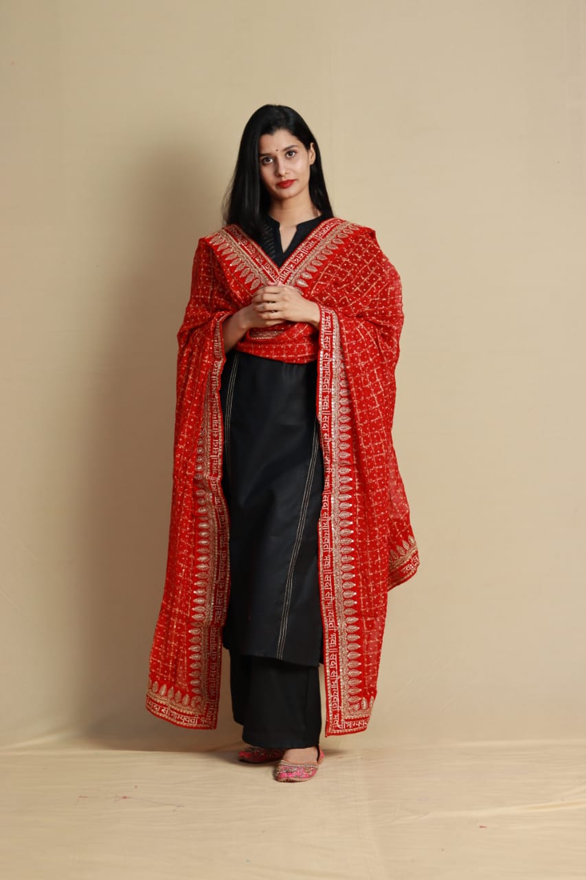 Heavy Red Gharchola Dupatta with Sada saubhagyavati bhav Gotapatti Border, OR, KC