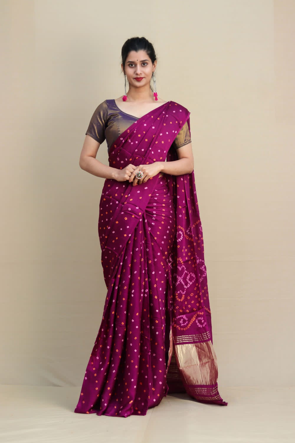Pure Gaji Silk Wine Bandhani Saree with blouse