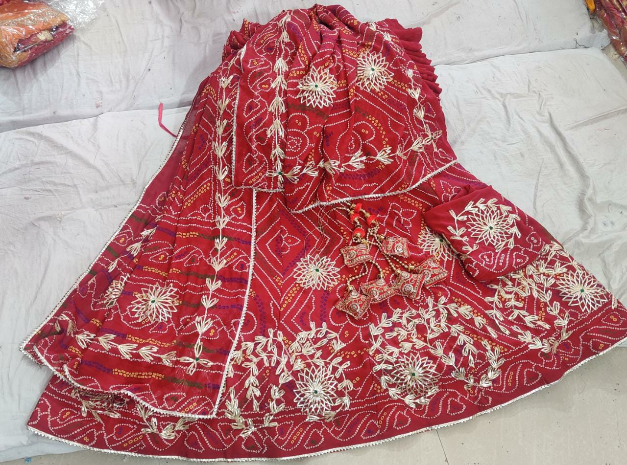 Bandhini chunari print LAHENGA with heavy kachi gotta Patti work with ROLL POLISH full stiched, NR, kml