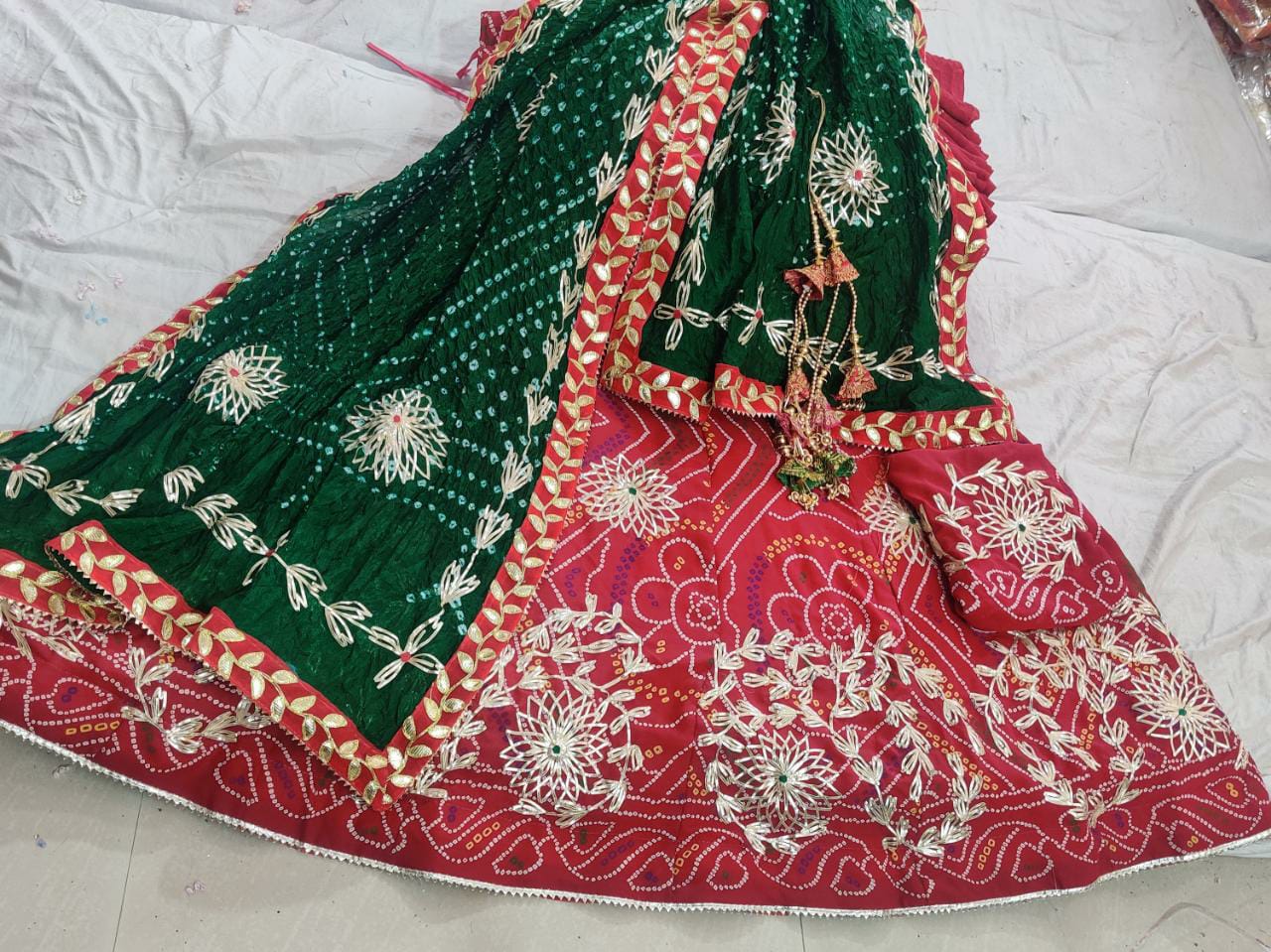 Bandhini chunari print LAHENGA with heavy kachi gotta Patti work with ROLL POLISH full stiched, NR, kml