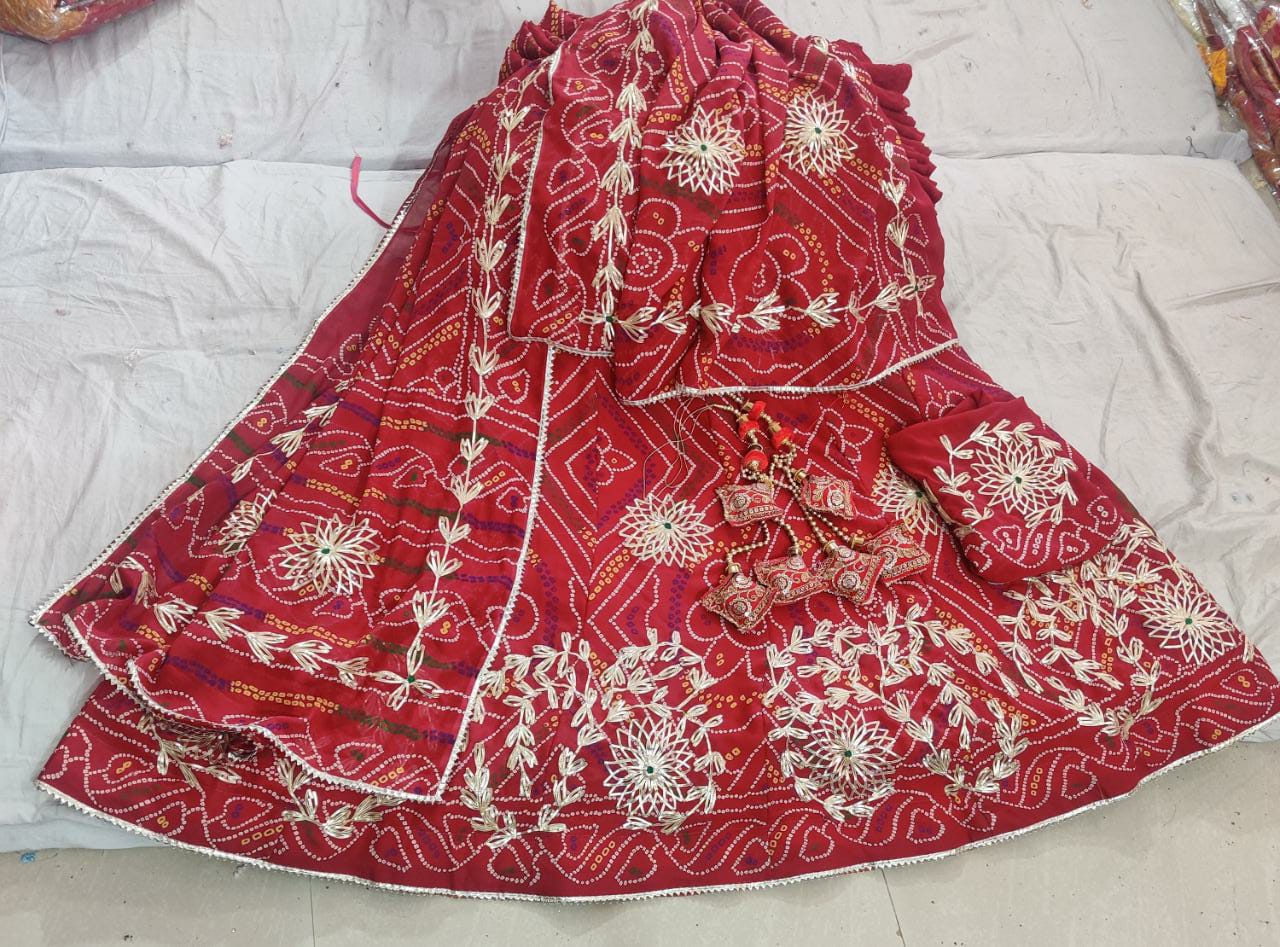 Bandhini chunari print LAHENGA with heavy kachi gotta Patti work with ROLL POLISH full stiched, NR, kml