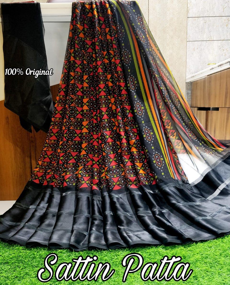 Catalogue Printed Satin Patta Sarees, OR, hardik