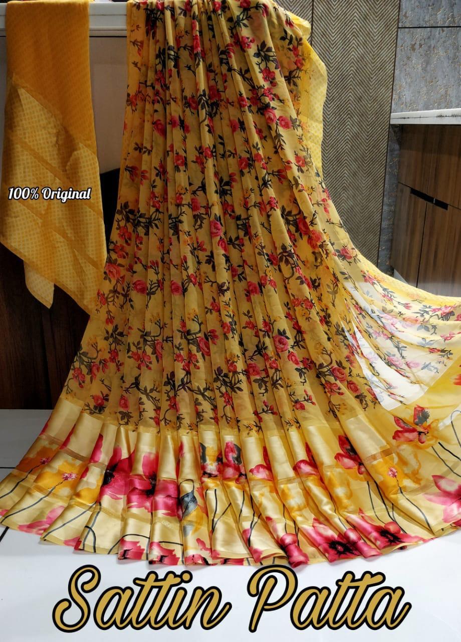 Catalogue Printed Satin Patta Sarees, OR, hardik
