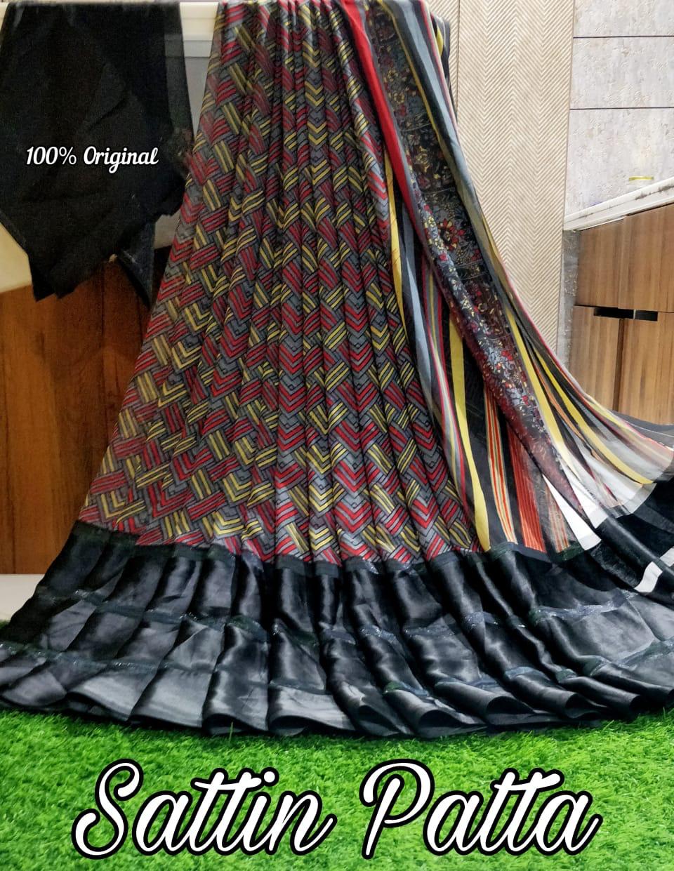 Catalogue Printed Satin Patta Sarees, OR, hardik