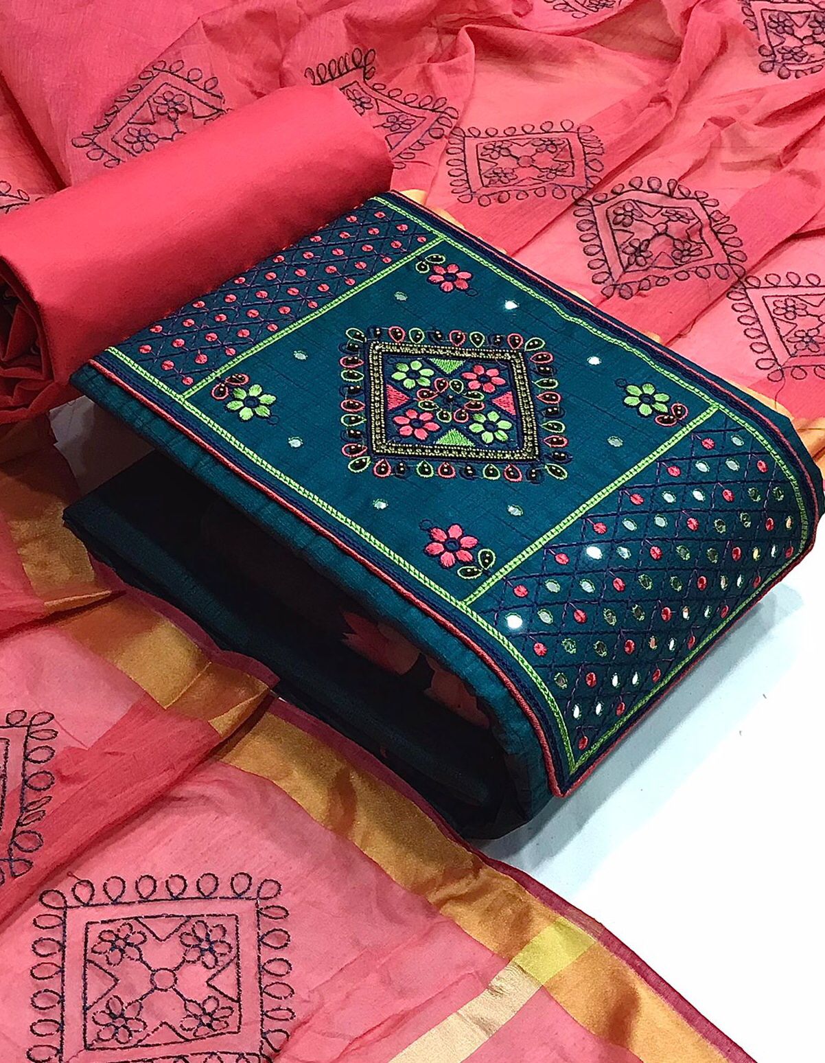 South silk cotton embroidered dress material, OR ,VT