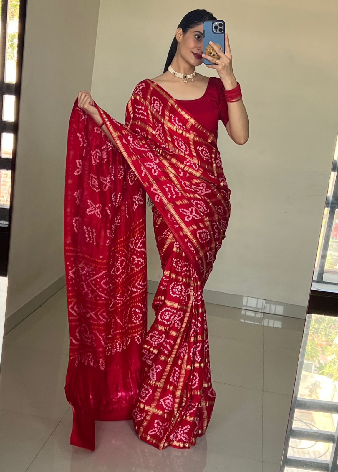 Pure Gaji Silk Bandhani Ghatchola Saree With Blouse