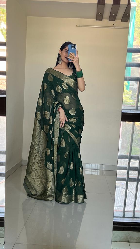 Pure Khaddi Georgette Tested Zari Party Wear Saree with Blouse at PriyazGallery