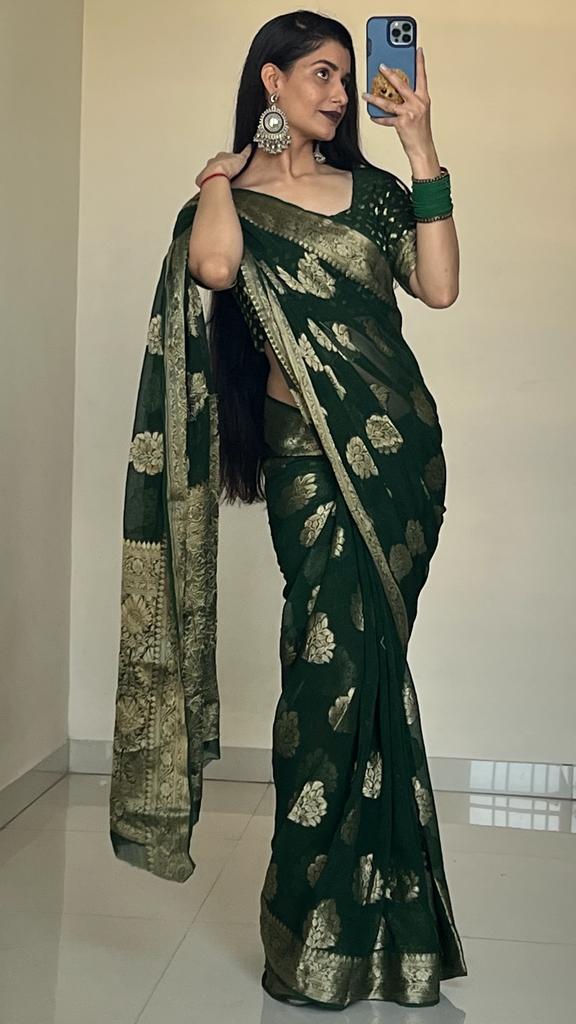 Pure Khaddi Georgette Tested Zari Party Wear Saree with Blouse at PriyazGallery
