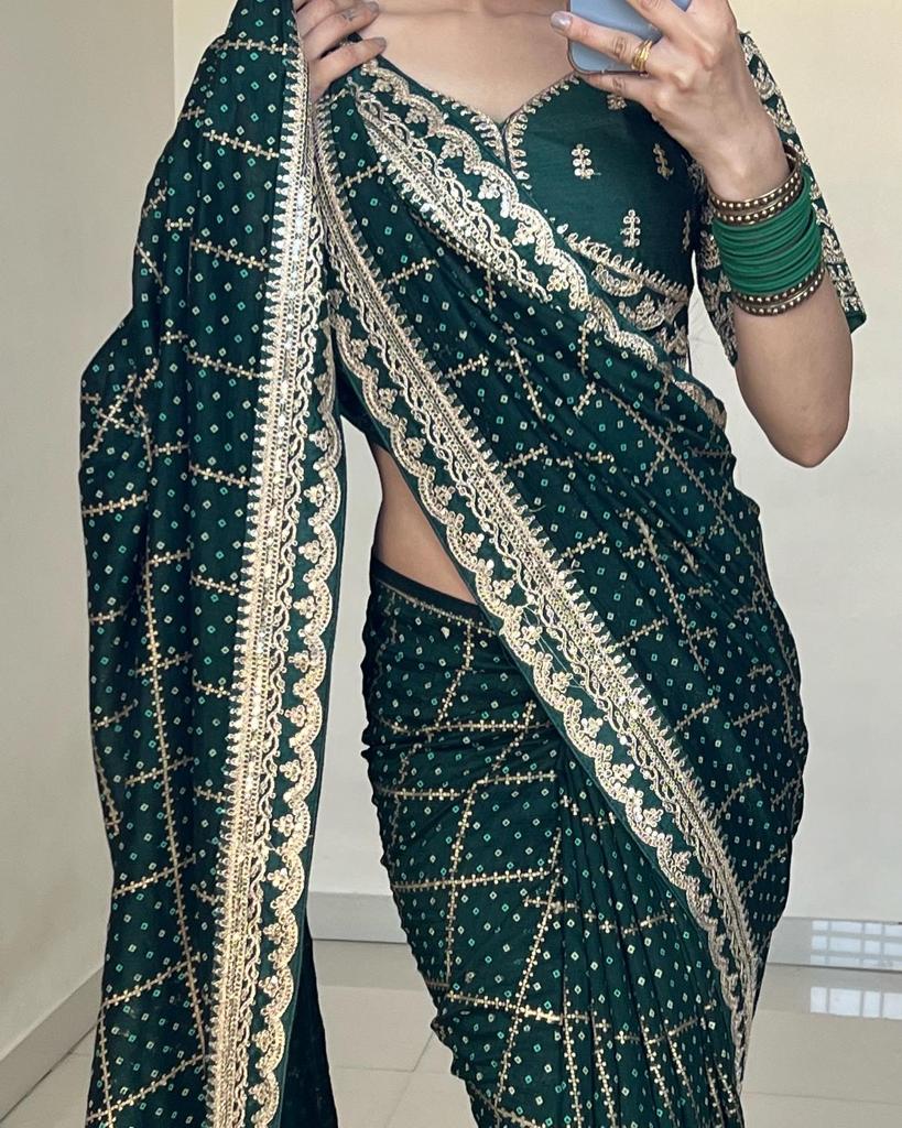 Pure Viscos Georgette Bandhani Gharchola Gota Patti Border and Heavy Jacket style Blouse
