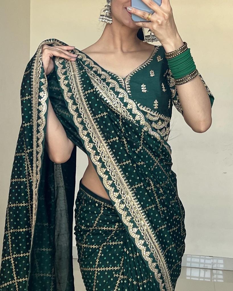 Pure Viscos Georgette Bandhani Gharchola Gota Patti Border and Heavy Jacket style Blouse