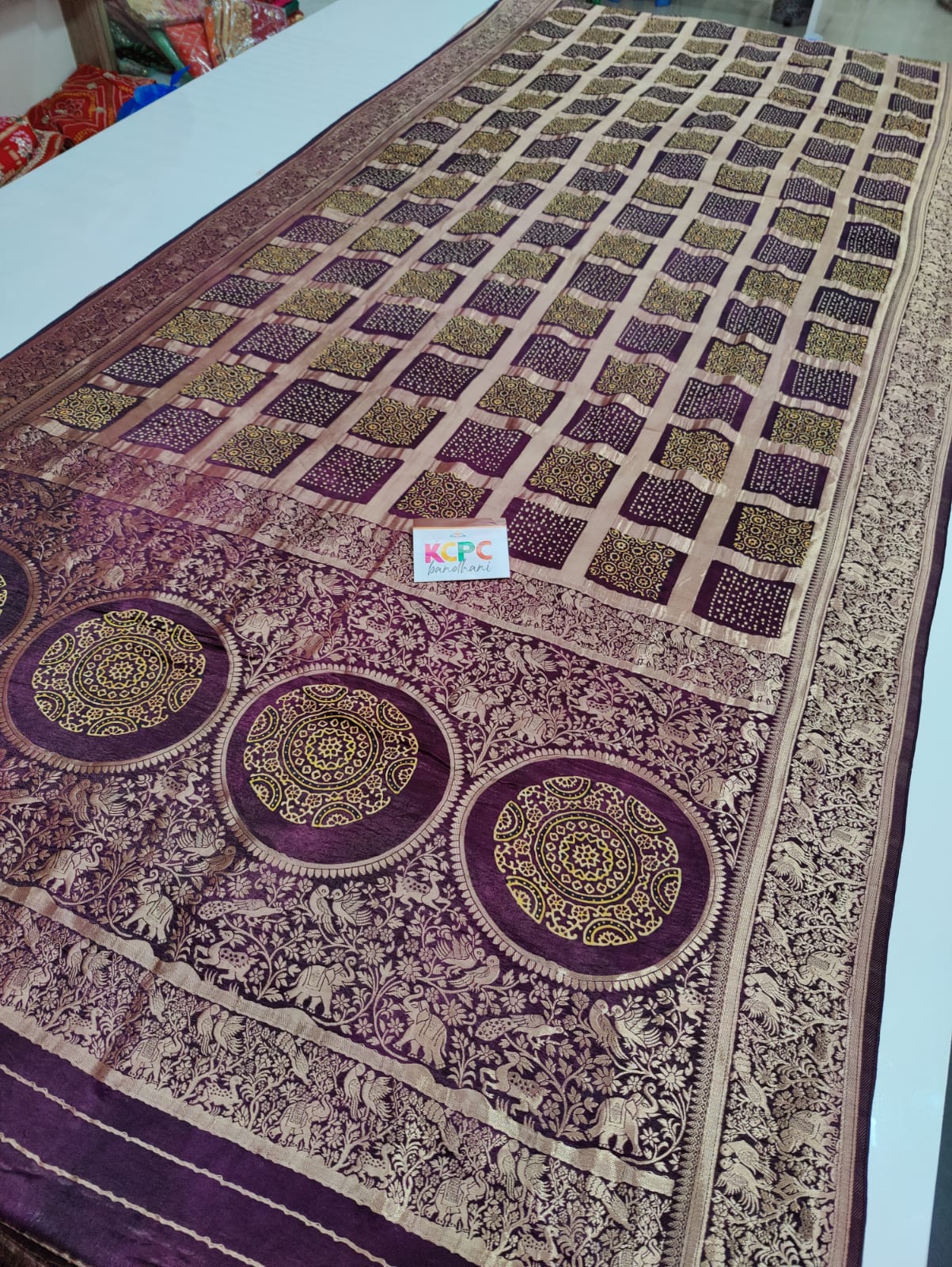 Pure Gaji Silk Ajrakh Bandhani Figure Zari Weaving Saree with Blouse OR kcpc