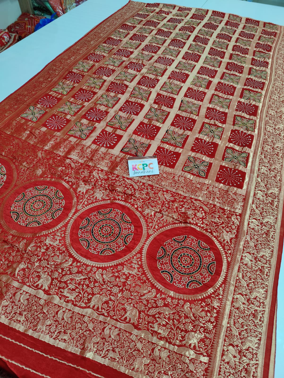 Pure Gaji Silk Ajrakh Bandhani Figure Zari Weaving Saree with Blouse OR kcpc