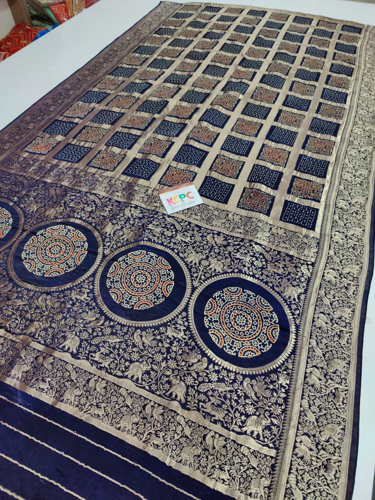 Pure Gaji Silk Ajrakh Bandhani Figure Zari Weaving Saree with Blouse OR kcpc