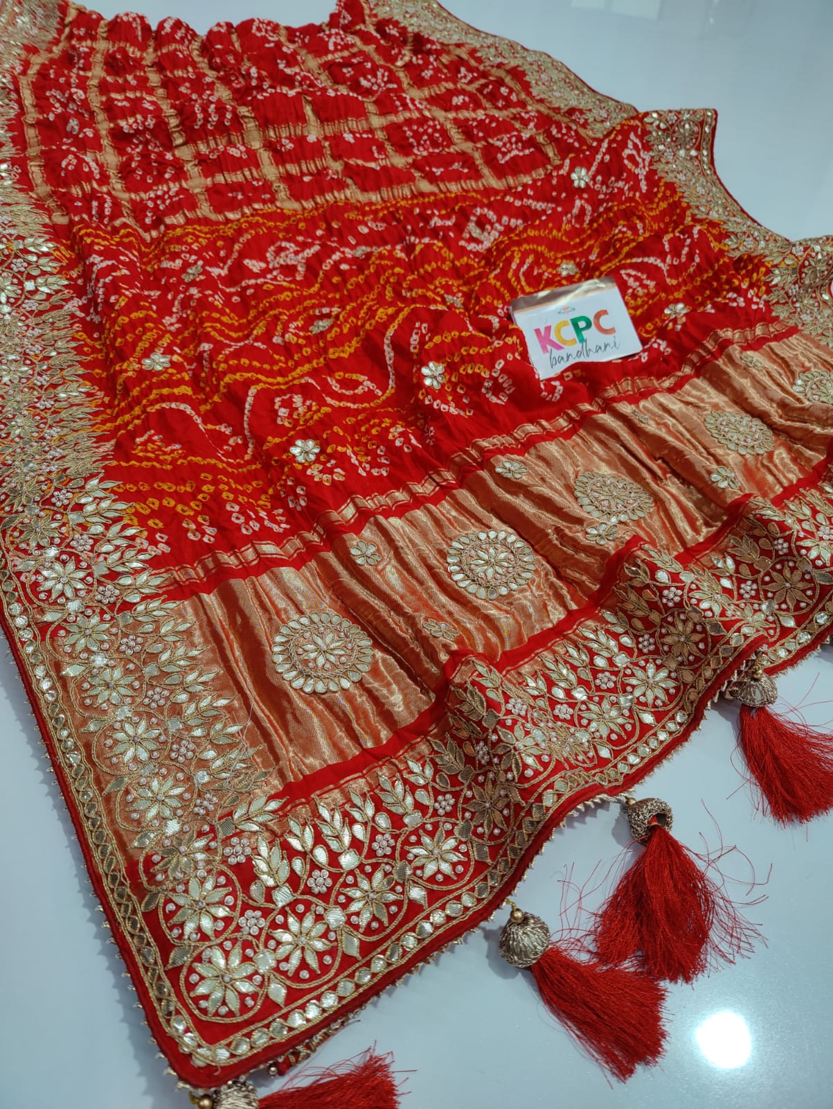 Pure Gaji Silk Bandhani Ghatchola Gotapatti Work Saree with blouse NR ,kcpc
