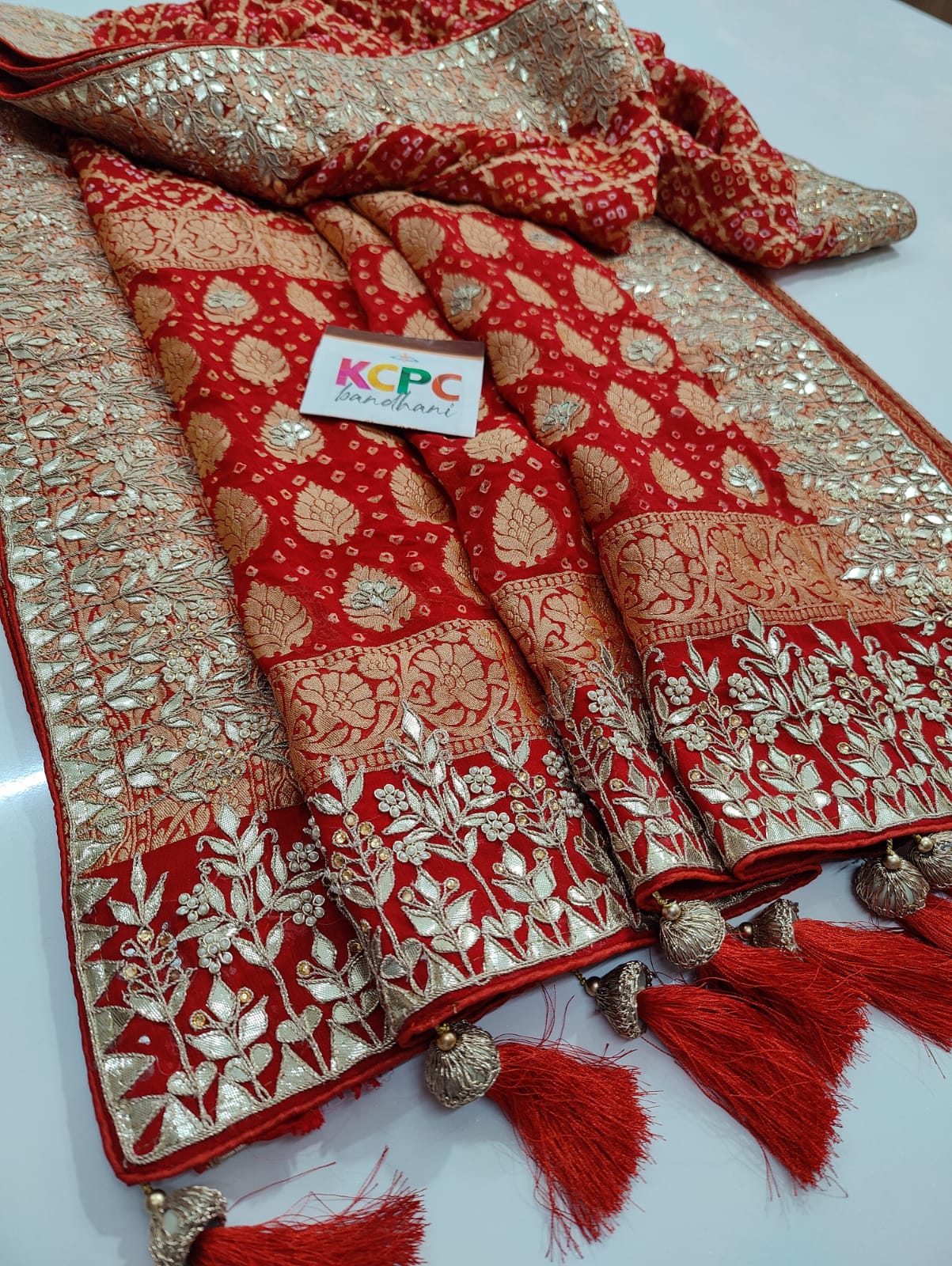 Pure Khaddi Georgette Upada Janglaw Bandhani Neemzari Bridal Saree Nr Kcpc