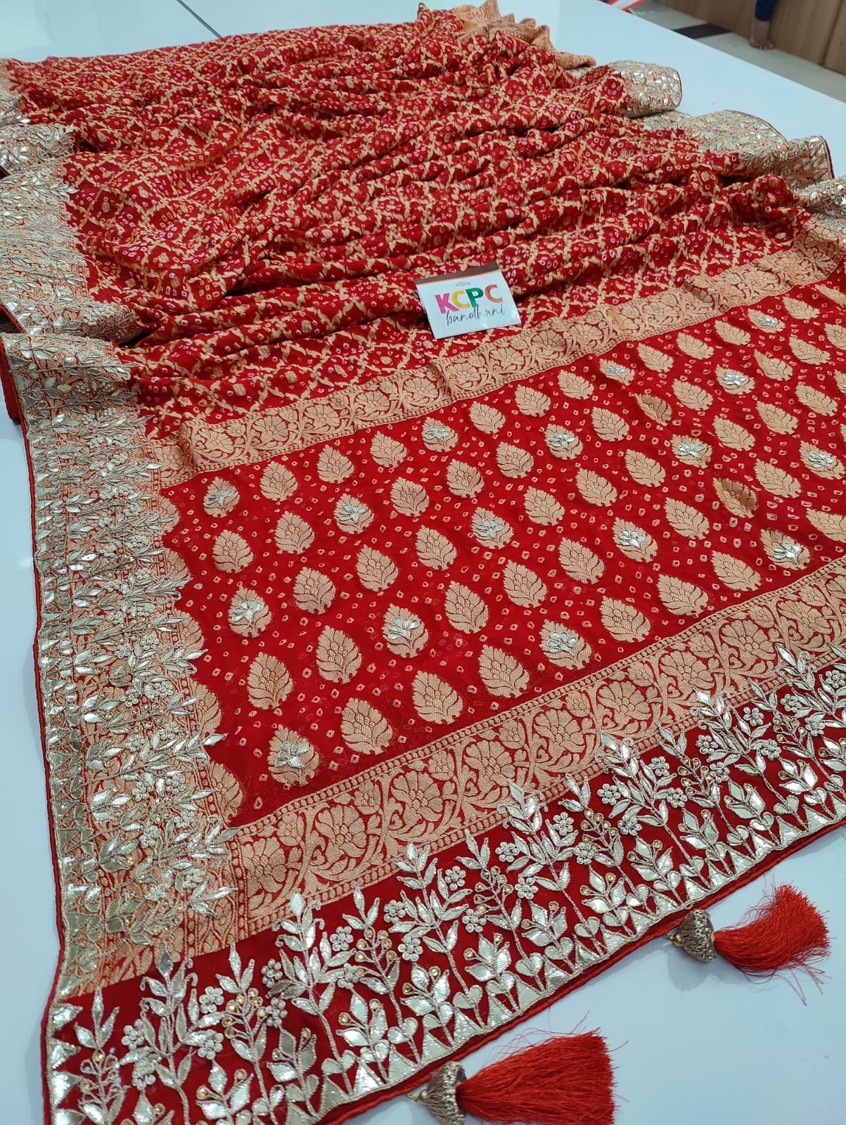 Pure Khaddi Georgette Upada Janglaw Bandhani Neemzari Bridal Saree Nr Kcpc