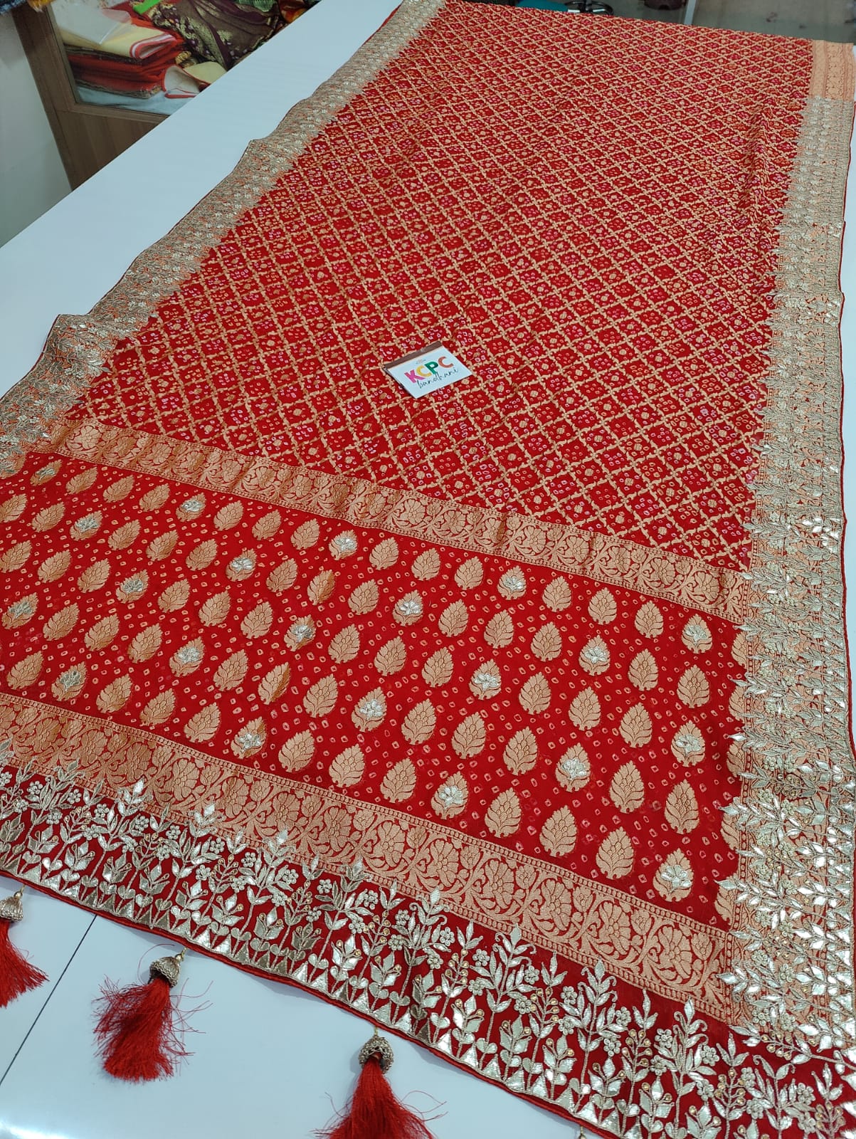 Pure Khaddi Georgette Upada Janglaw Bandhani Neemzari Bridal Saree Nr Kcpc