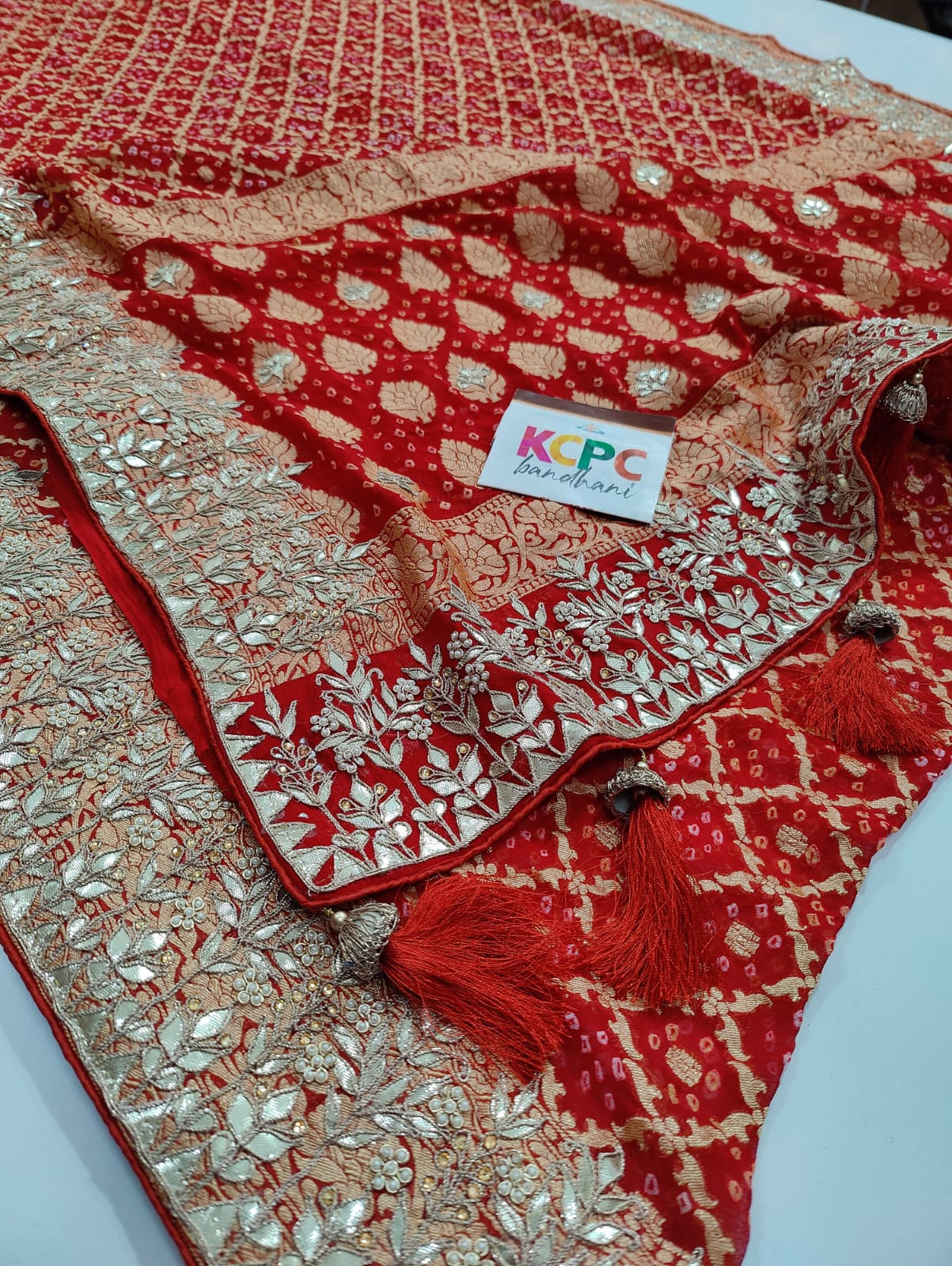 Pure Khaddi Georgette Upada Janglaw Bandhani Neemzari Bridal Saree Nr Kcpc