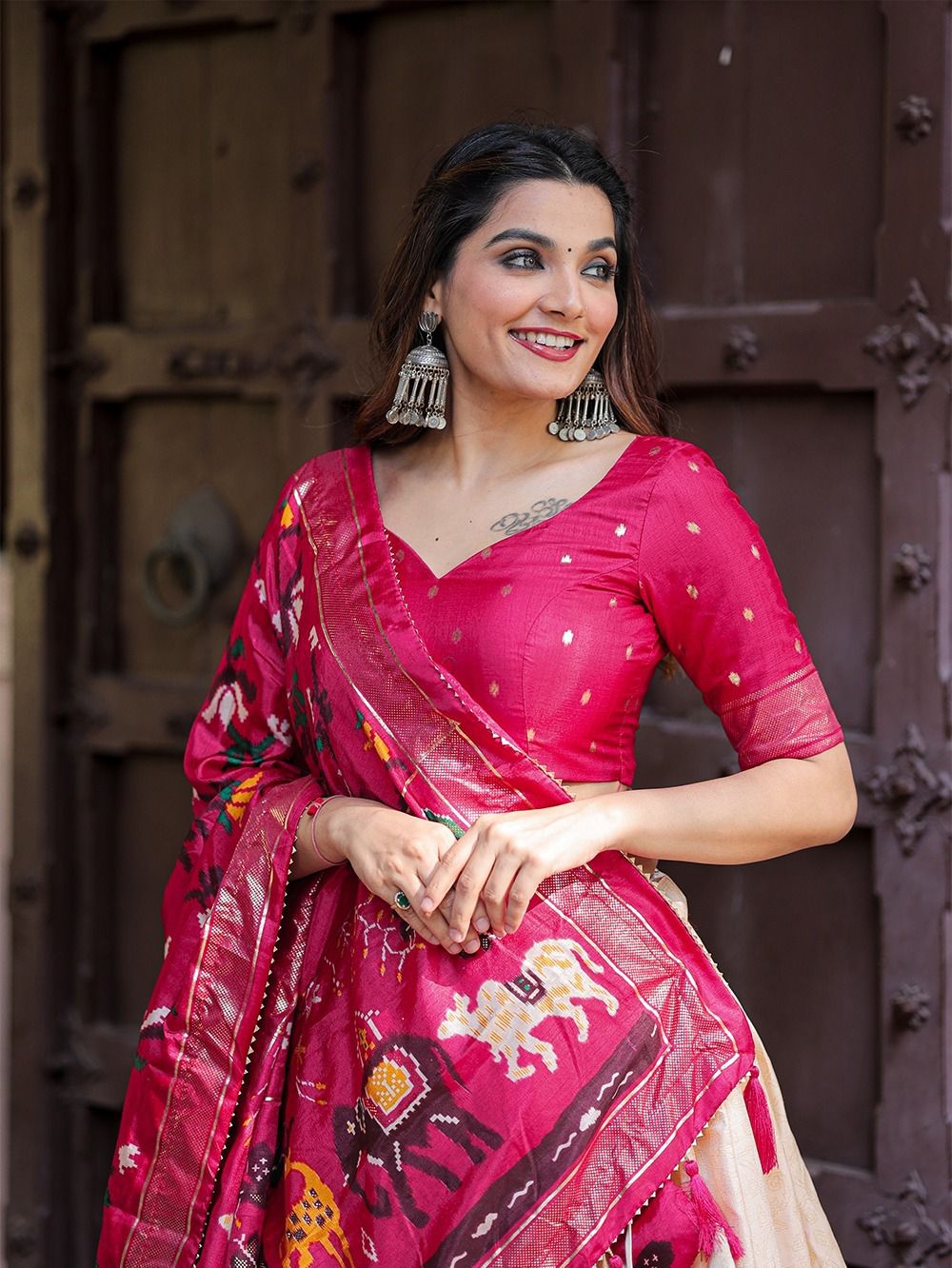 Dola silk printed with foil work with heavy tassels lehenga, VJT, OR