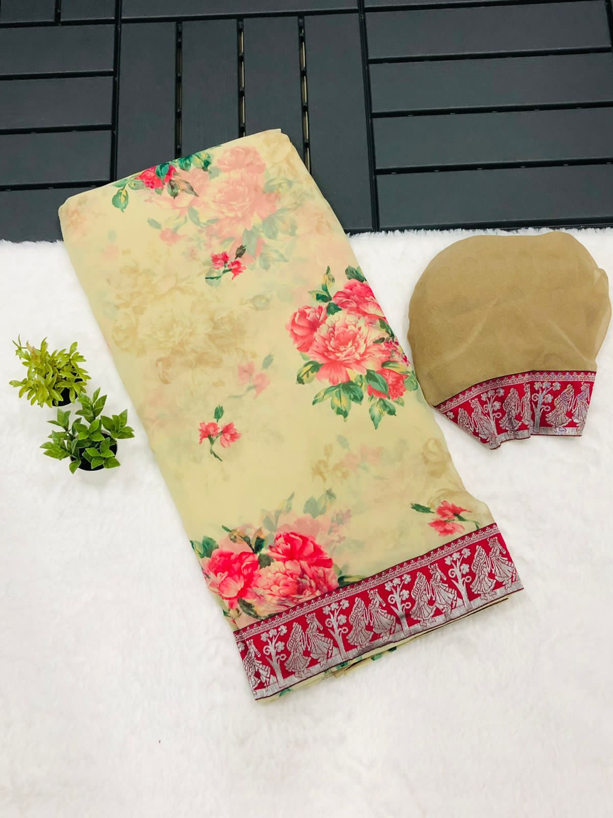 Heavy beautiful flower print attached weaving border saree, VJT, OR