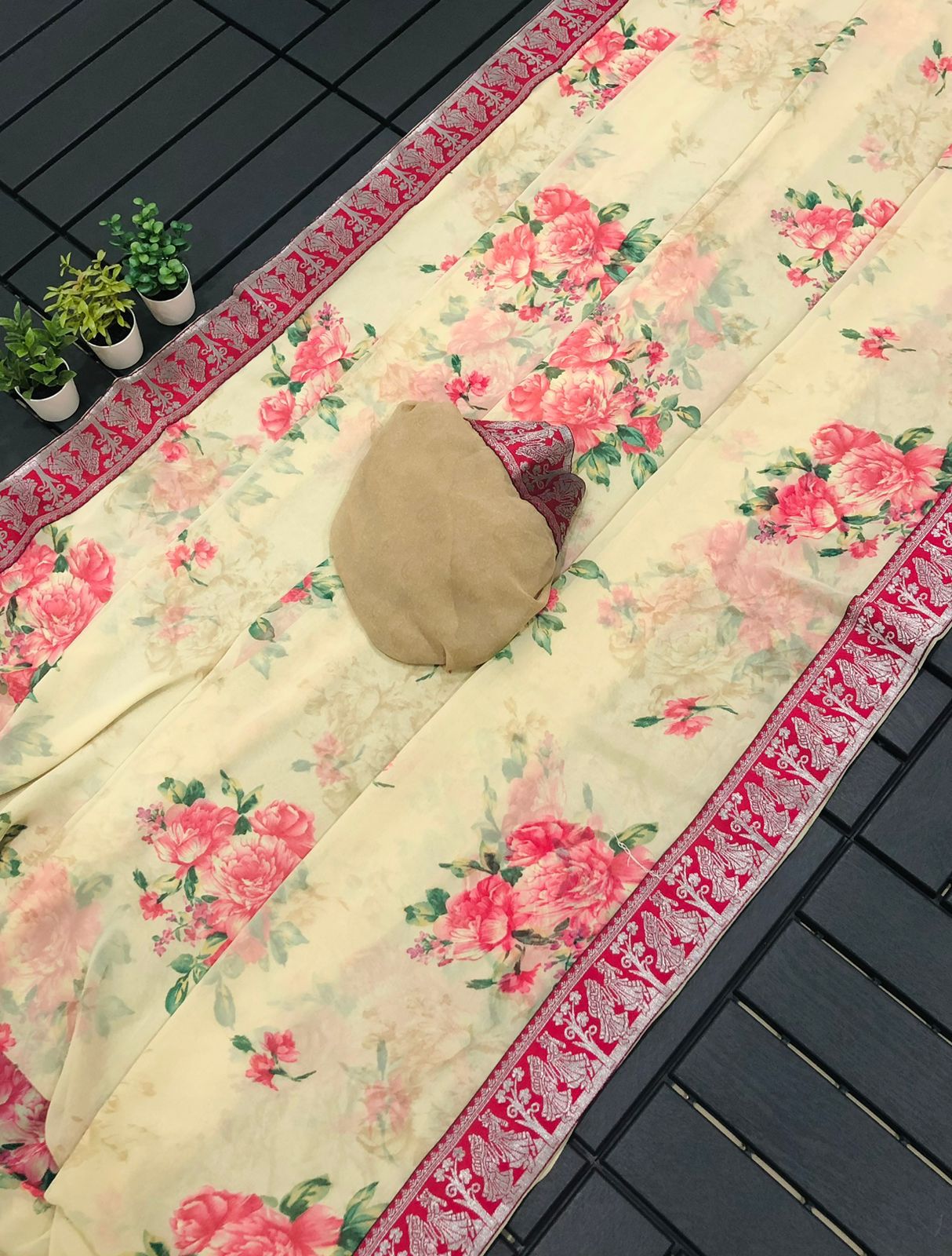 Heavy beautiful flower print attached weaving border saree, VJT, OR