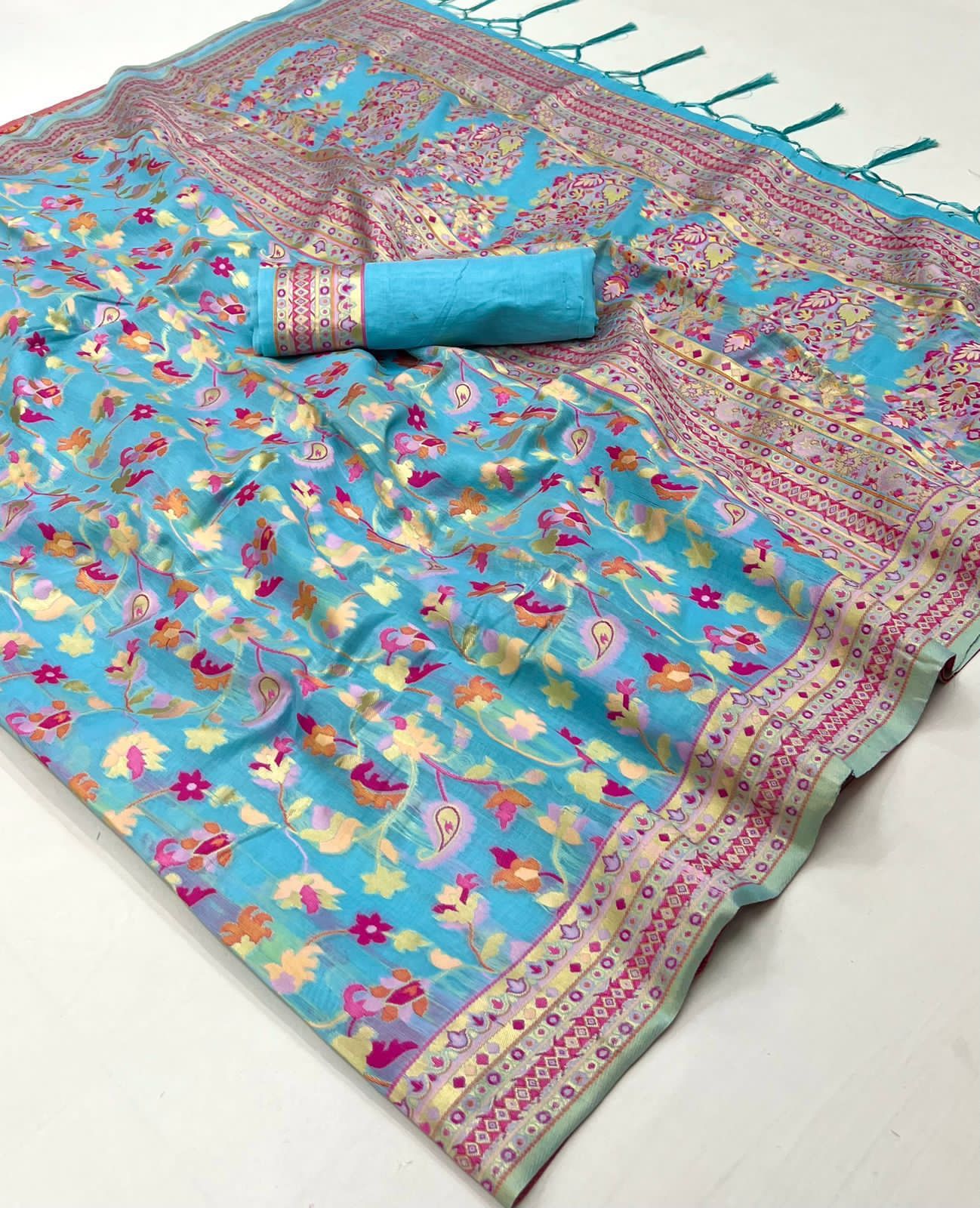 Pure soft kashmiri silk weaving with running blouse saree, VJT, NR