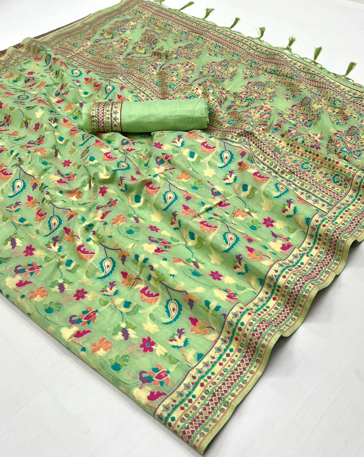 Pure soft kashmiri silk weaving with running blouse saree, VJT, NR