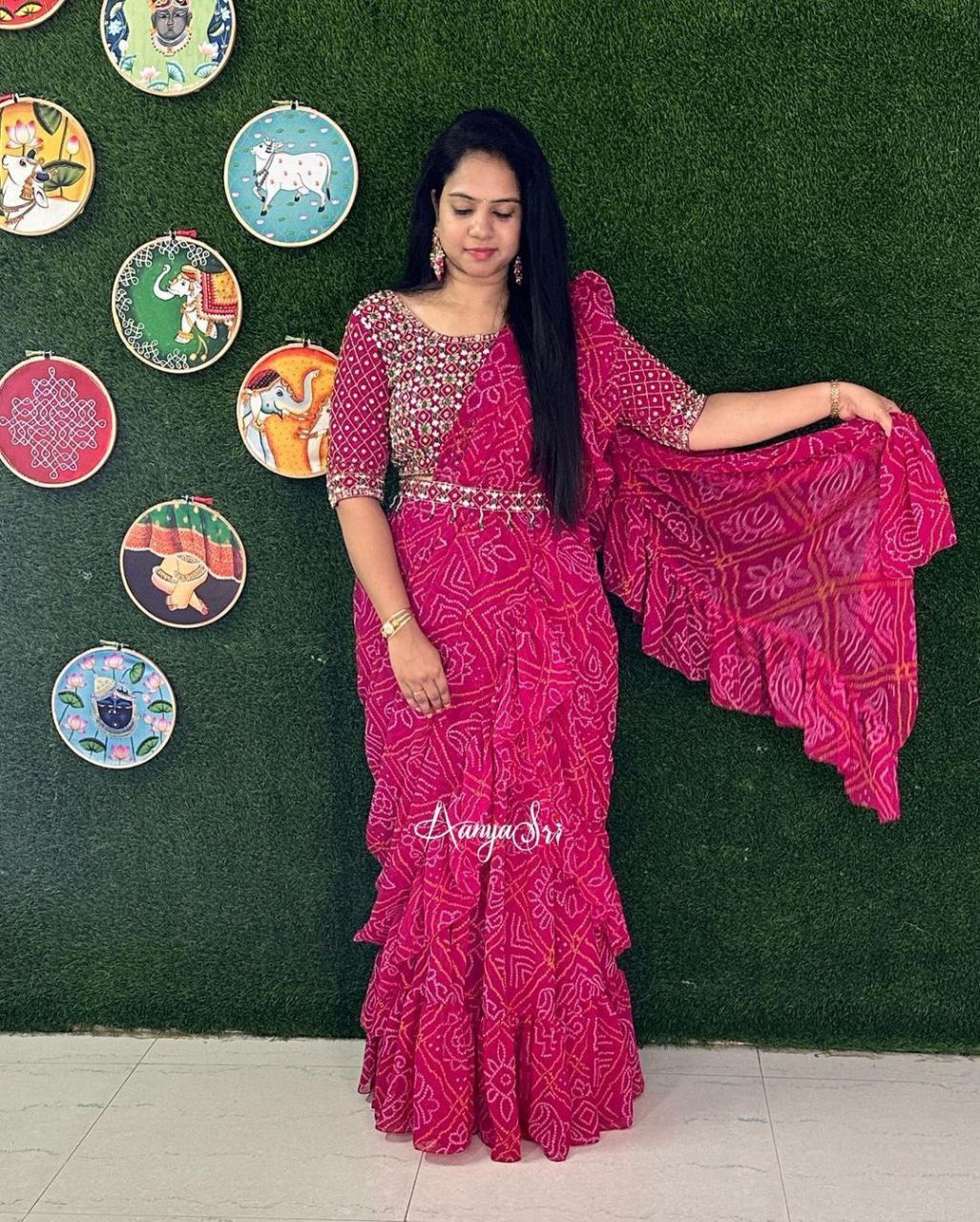Heavy Georgette with bandhani lehnenga saree with embroidery pallu saree, VJT, NR