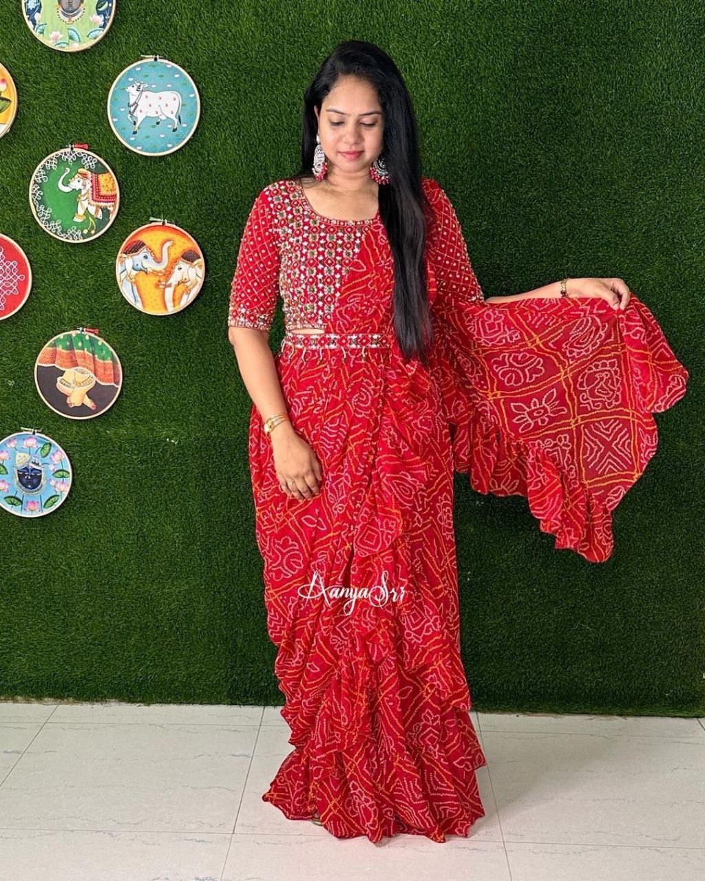 Heavy Georgette with bandhani lehnenga saree with embroidery pallu saree, VJT, NR