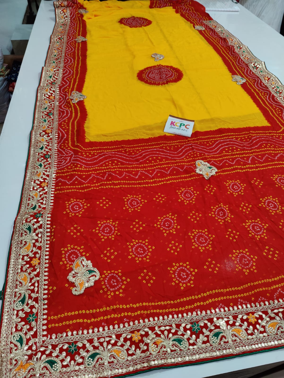 Pure Soft Georgette Rajsthani Pila Chunri Bandhej Gotaptti Work Saree Jp Or
