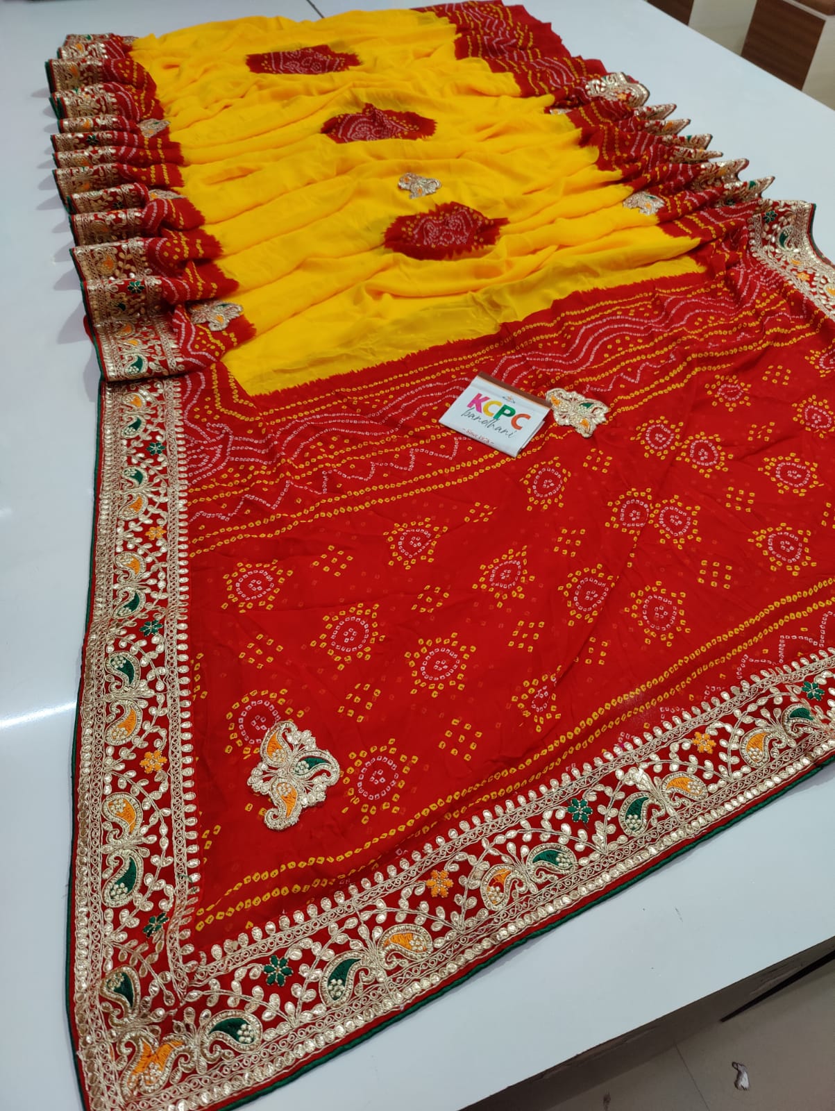 Pure Soft Georgette Rajsthani Pila Chunri Bandhej Gotaptti Work Saree Jp Or Yellow Red
