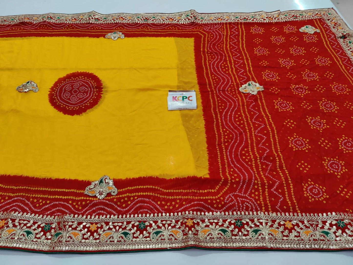 Pure Soft Georgette Rajsthani Pila Chunri Bandhej Gotaptti Work Saree Jp Or